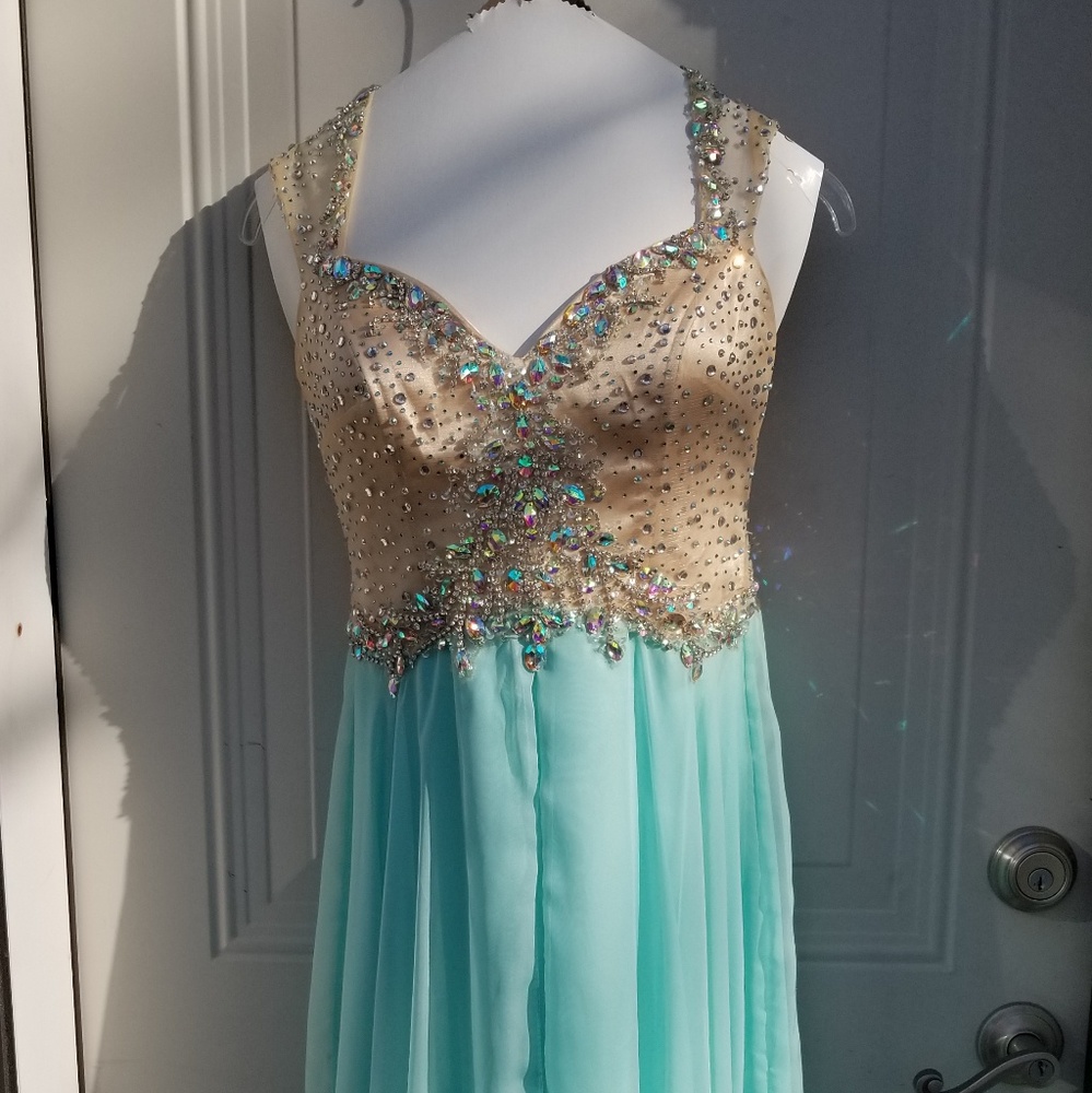 Beautiful beaded prom dress seafoam in color
